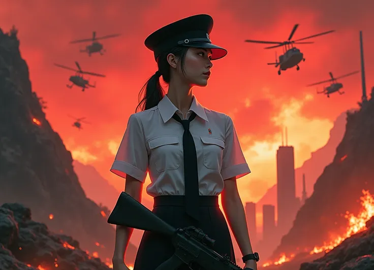 A Korean girl with fair skin, wearing a crisp white dress shirt, a sleek black beret, and a matching black tie. She stands confidently, holding a military rifle. The backdrop features a dramatic red sky, illuminated by the glow of fire and smoke. Military ...