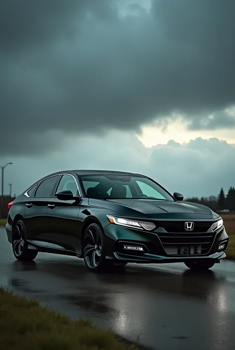 create a picture of Honda Accord black color with sage green interior and having a piano black rims. the cars also have a twin turbo. Its evening and the weather is dark due to heavy clouds and wind. create a marvelous picture. landscape image