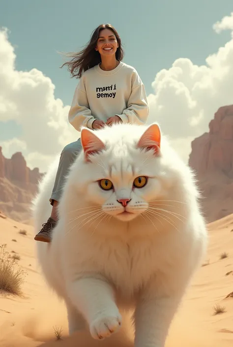 there is a beautiful woman smiling kindly wearing a white switer shirt that says MAMI GEMOY . riding a big giant white fluffy cat is walking its way towards the camera against the desert background