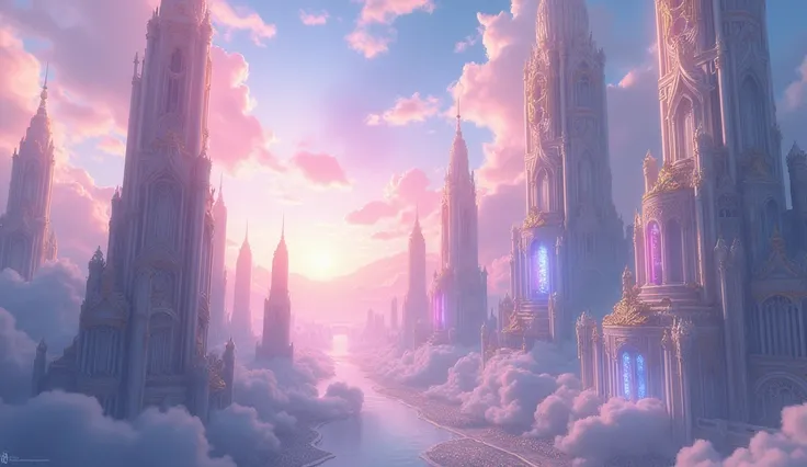 Ethereal majestic futuristic fantasy architecture tall magical white and gold skyscapers with pink and bright blue lights with a lilac, pink and blue glowing sky and clouds in a cityscape skyline