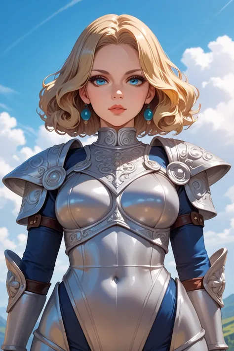 a woman, blonde hair, green blue eyes, front view, high definition, pretty face, silver ancient skinsuit armor, sky in the background, madelyn clyne face, manga style HD, 4K