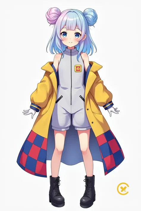 anime girl with light blue hair and buns in. With the right bun being pastel pink and the left being light blue. She also has medium length hair with the lower half being pastel pink. She is wearing a light grey jumpsuit with no pants and a long yellow tre...