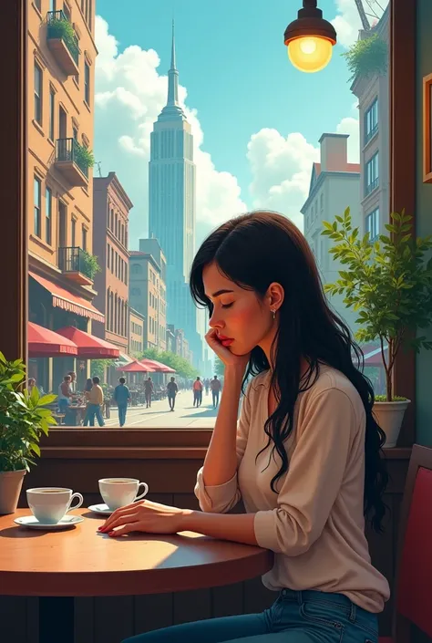 A woman who lied to herself and the world, city and cafe , afternoon, Cartoon