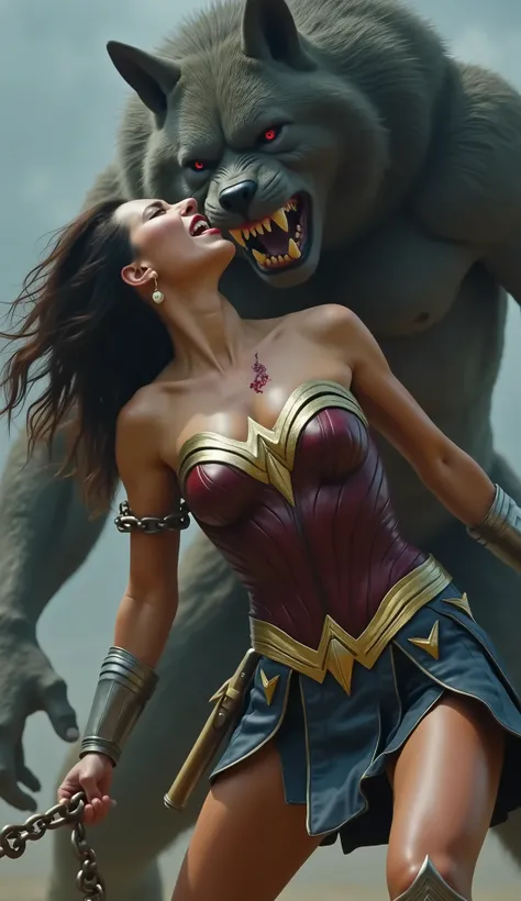 Gal Gadot is Wonder woman, ((fighting with the Steppenwolf)), a very beautiful Korean face, very bright white skin, brown hair, ((leather fabric short skirt:1.8)), dirty body, ((bound arms by chain behind her back)), she is defeated, the Steppenwolf severe...