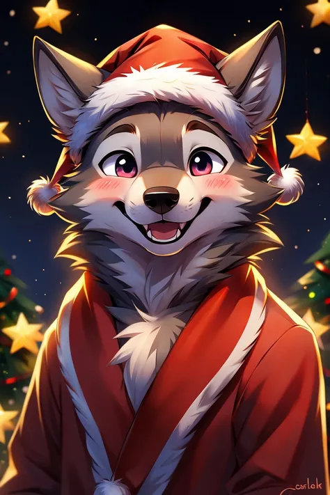 Wolf with a Christmas hat on, happy, dark purple main color, gray second color, hd, furry, blush