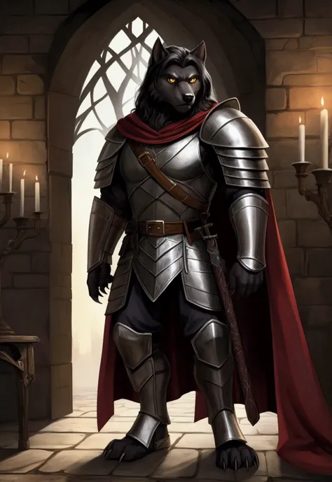 A large werewolf , moderate muscles, in medieval armor.  its muscular body ,  covered with dark hair .  with bright yellow eyes .  His steel plate armor is sturdy and fitted to its hybrid form. On the trunk of the body ,  wears belts circling her mottled c...