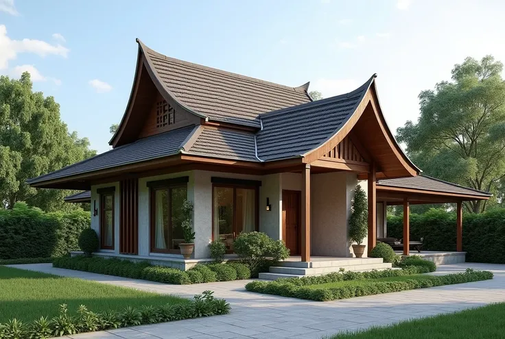  Make me a vernacular house design whose roof is inspired by traditional walawengko house roofs and limas roofs, create a 3D design , the house is quite large but consists of one floor , memiliki carport juga. Buatlah modern tapi ada unsur tradisional nya....