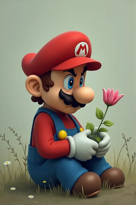 Mario Bros gets sad with a flower in his hand