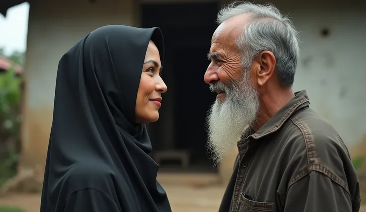 ((beautiful 35 year old woman in hijab , 
  male 70 year old man with gray hair)). they both met in front of the house ,  shabby and poor .
(Indonesian faces ), 4k, 8K, HD, realistic.