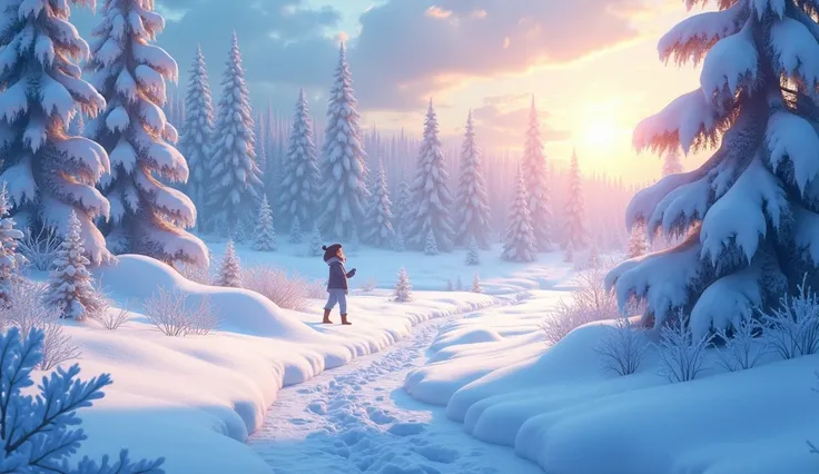  image for a cartoon story of Disney-style YouTube videos: format Pirax.  Around , deep snowdrifts sparkling in the sun .
style: Fabulous winter illustration , SOFT COLORS,  detailed background .