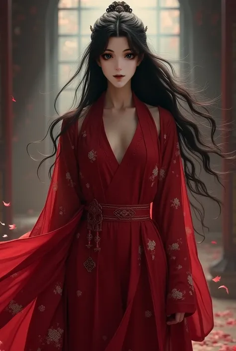 woman， codename iris style， Black Long Hair，Hanfu，Red clothes