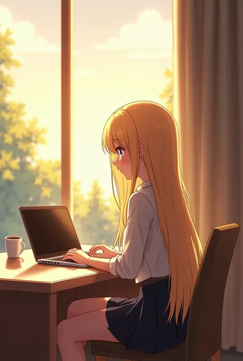 high quality, 4K HD. An anime girl with floor length blonde hair, sitting on the chair in front of the table, on the left side has a MacBook Pro 16 inches, right side has a cup of hot coffee, back of side is a floor to ceiling window. The scenerio of windo...