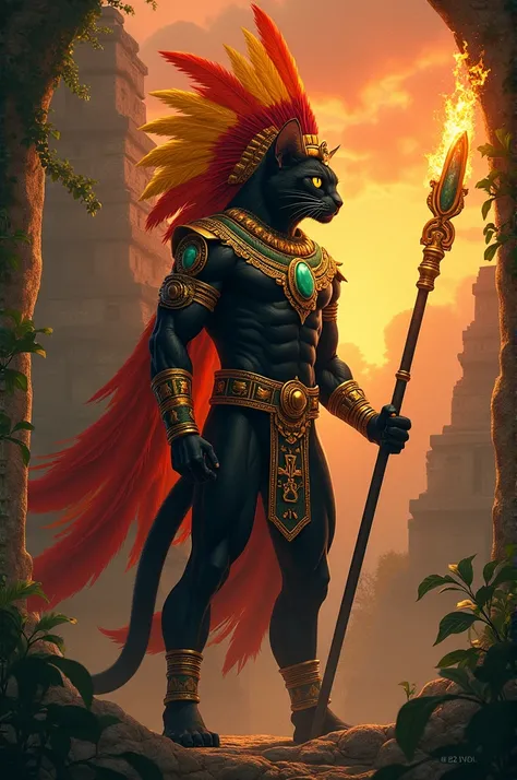 A massive cat warrior inspired by the ancient Mayan culture. This cat has sleek black fur with golden streaks along its face and limbs, symbolizing its connection to the sun god. It wears ceremonial gold and jade armor, with a grand feathered headdress in ...