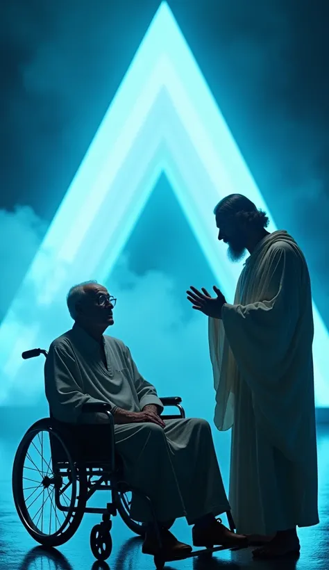  Create a hyper-realistic image of an elderly man in a wheelchair ,  at the center of a futuristic stage .  The dramatic blue lighting a mystical atmosphere ,  with soft shadows and reflections in the scene .  The man is paralyzed ,  with slightly wrinkled...