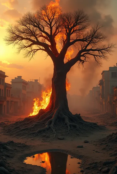 Create a hyper-realistic aerial photo of a colossal tree over 200 years old, fully grown, standing on the remains of a city reduced to rubble in the midst of a heart-breaking drought in a post-apocalyptic setting.

The tree, stripped of leaves and dying fr...