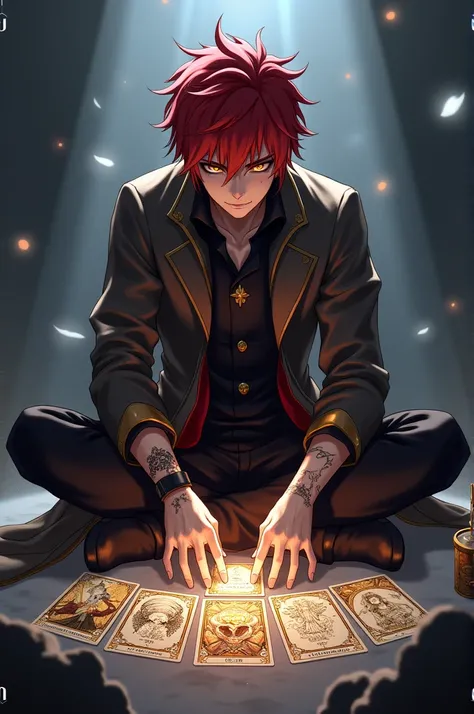 A boy, Tartaglia from Genshin impact ,  as you could find it in images on the internet, with the same appearance reading the tarot cards 