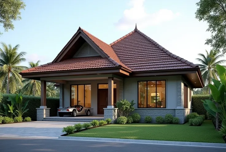  Make me a vernacular house design whose roof is inspired by traditional walawengko house roofs and limas roofs, create a 3D design , the house is quite large but consists of one floor , memiliki carport juga. Buatlah modern tapi ada unsur tradisional nya....