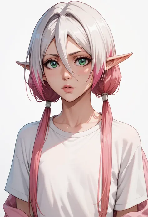 Orihime Inoue (Bleach) with long white hair with pink highlights and pink tips. Hair kept in low twintails. Hair between eyes. Light skin almost pale. Large droopy green eyes. Elf ears. Large long white shirt. Flat chest. Adult body.