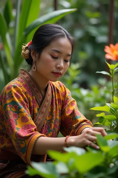 Create an amateur-style photo taken with a clear, blur-free mobile phone camera of a beautiful Indonesian Sunda woman gardening wearing traditional clothes, detail, cinematic, artistic,  perfect lighting , full hd.