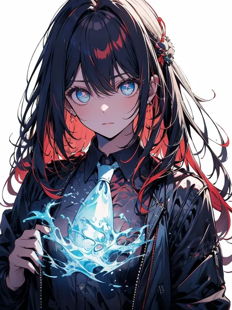    draw a black and white world 、   Long hair in the background   ，   High Ponytail， 、 Blue Hair，  take down the rest of the hair ， white gradient hair 、   1 girl，Plain white background，Sparkling blue eyes，  red glowing eyes，Purple glowing eyes，   red eyes...