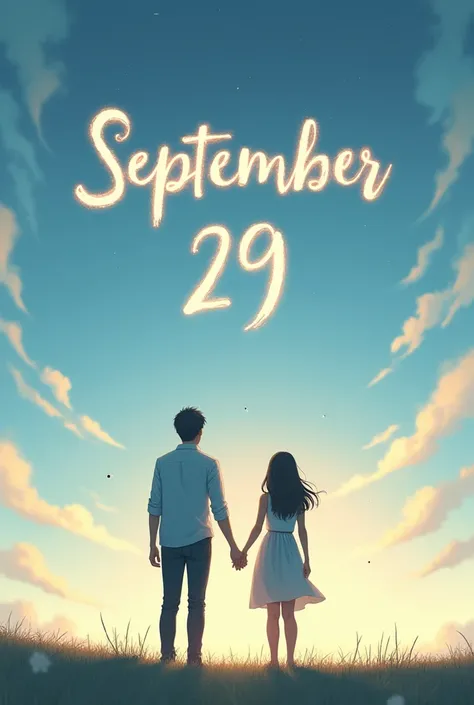 A couple holding hand and looking at the sky and the sky has a writing that says September 29