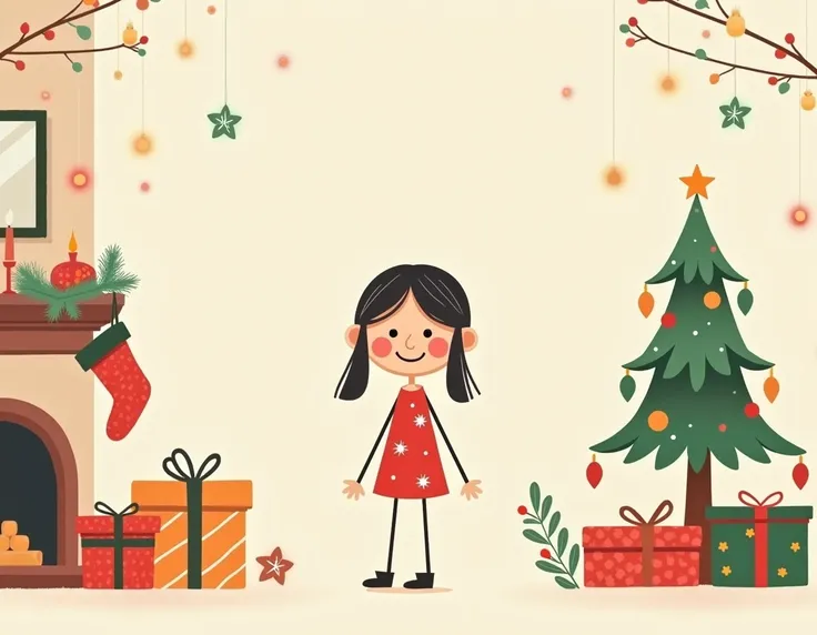 Make an image with sticks of a girl with a family Christmas background