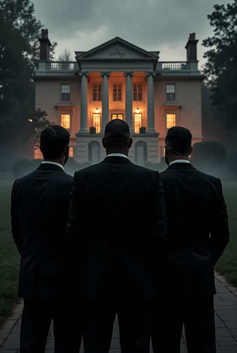 Three men with their backs in a black silhouette looking at an elegant mansion 
The silhouettes and that the title says ( Loa Gambino )   y 
That the photo that . The image of an air of a mobster 

