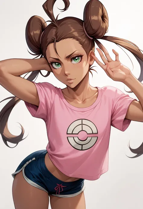 Shauna (Pokémon) with tan skin. Large green eyes. Long brown hair kept in curly pigtails. Three forehead ahoge. Flat chest. Pink shirt and small blue shorts. (Bleach art style)