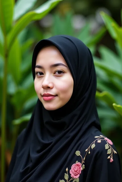 The image shows a young woman wearing a black hijab and a floral-patterned outfit. She has a calm and composed expression, with subtle makeup highlighting her clear complexion, soft pink lips, and defined eyebrows. Her dark hijab elegantly frames her face,...