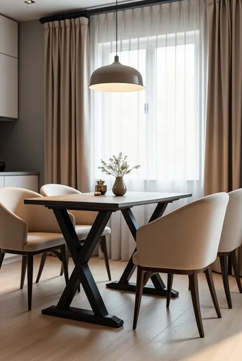 Create a picture of a dining table in black x legs and dark gray table top and beige chairs in a kitchen with a dining table lamp that harmonizes and matches the table perfectly and white thin curtains gray kitchen which has nut-colored and white thin curt...