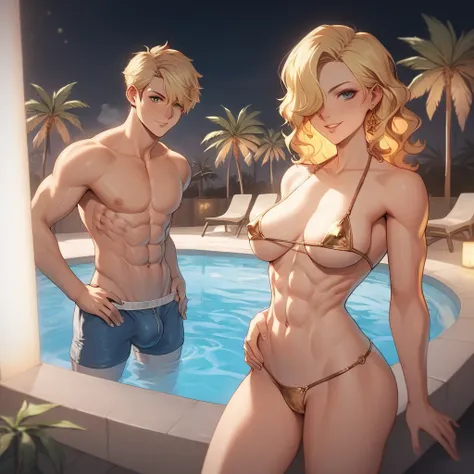 steam, japanese woman,abs, Narrow waist, medium breasts,medium hair,wavy hair,yellow hair over one eye, gold micro bikini, poolside,palm trees, neon lights, reflections, water, tropical, vibrant atmosphere, carefree, confident, reflection,1girl,1boy,bulge ...