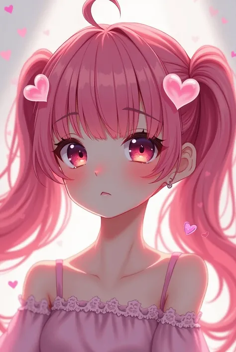 Pink hair with pink eyes inside is a heart girl with long hair and twin tails