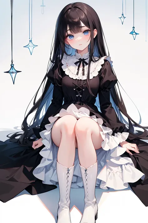  has long, dark hair ， with warm blue eyes  ，Black eyebrows、Clear and bright eyes，The lines of the facial features are soft and graceful，Cold and elegant，Refined spirit，There is no flaw at all。 The skin is white and red ，Wearing a white Lolita dress， white...