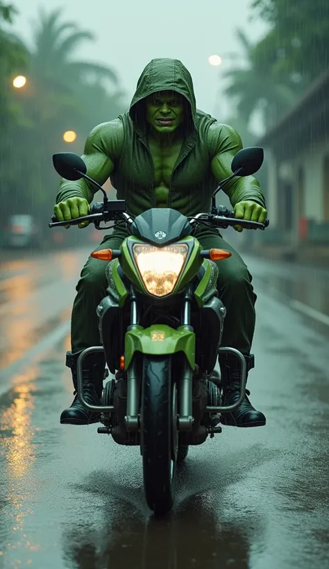 A very realistic version of the Hulk character, wearing a helmet and green raincoat, riding an automatic motorbike in the rain on an Indonesian highway in the afternoon. The effect of heavy rain with puddles of water that form reflections when the motorbik...