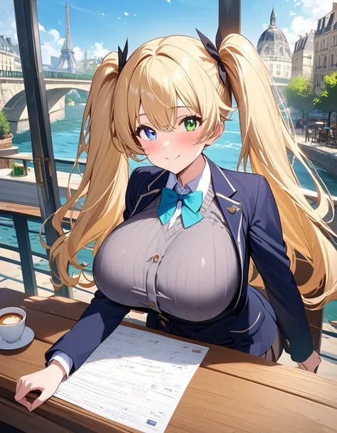 (ultra-detailed, master piece, best quality, high resolution, beautiful hair, beautiful eyes, expressive eyes, perfect face, perfect human structure),
Stylish open cafe by the river, Parisian cityscape,
A girl with short high twin tails, blonde hair, super...