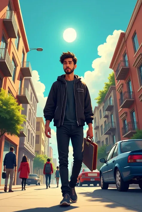 “Caio steps out of his apartment into a bustling urban environment during the day. He’s holding a resume folder in one hand and looks confident, though slightly anxious. His outfit is all black, consisting of a simple shirt and pants. In the background, th...