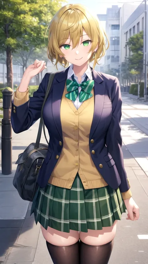 masterpiece, best quality, high quality, girl, solo, looking at viewer, takahiro_mizusawa, green eyes, blonde hair, jewelry, hair between eyes, large breasts, school uniform, green bowtie, blazer, yellow jacket, long sleeves, plaid skirt, green skirt, stan...