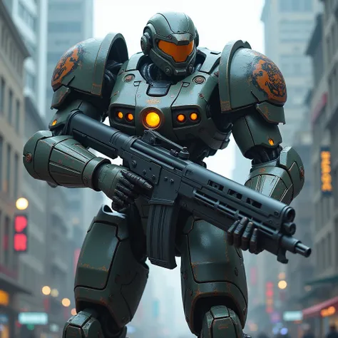 a close up of a mecha with a large gun in its hand, cyberpunk city battleground, full body mech, sci-fi skin, armored core style mecha, intricate assasin mecha armor, mech body, intricate mecha armor, mega mecha.