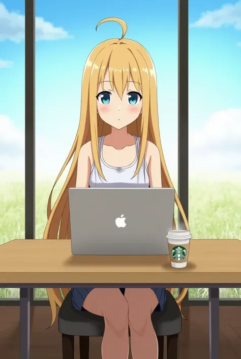 high quality, 1920x1080 size. An anime girl with "floor length" blonde hair, sitting on the chair in front of the table, on the left side has a MacBook Pro 16 inches, right side has a cup of hot coffee, back of side is a floor to ceiling window, must see h...