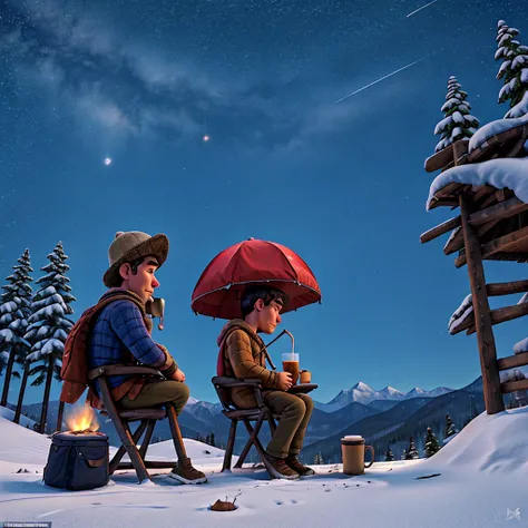 A man camping in a snowy mountain 　 is drinking coffee while sitting on a chair while watching the stars in the night sky　