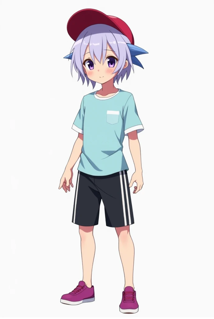 Anime boy with pale purple hair that has fins on his sides. A red baseball cap that goes backwards. A pale blue shirt with white short sleeves. Black gym shorts with white vertical lines and a pair of magenta shoes