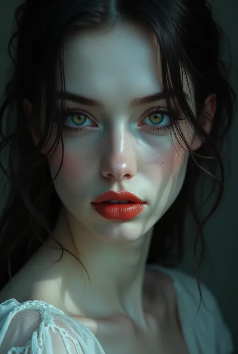 a beautiful woman with dark hair and pale skin, albino-demon, elegant pose, intense gaze, detailed facial features, long eyelashes, full lips, porcelain skin, dramatic lighting, cinematic mood, fantasy art, digital painting, hyper detailed, vibrant colors,...