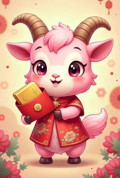 cartoon, cute pink goat, wearing ao dai, holding red envelope, gold bar