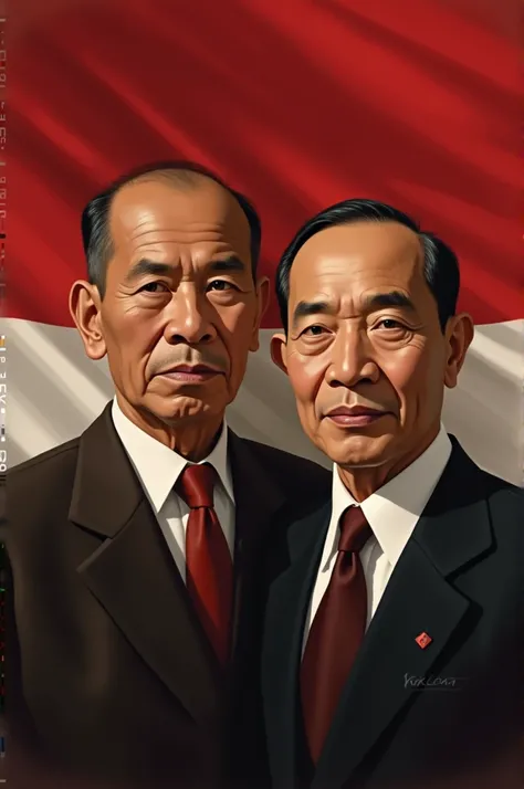 picture of soekarno and mohamad hatta on red and white flag background 