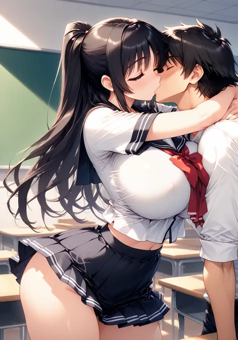 The Best Quality, source _anime, Masterpiece, nsfw, Women ( cuerpo completo, big breasts,  thin waist ,  big butt,  long hair , ponytail tied with a red ribbon ,  dressed in a school uniform with a short skirt),  hugging and kissing a boy  ( Athletic and m...