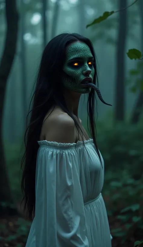 Create A Woman With The Snake Skin Face And  Snake Tounge Coming Out From Her Mouth, Glowing Eyes, Standing In The Dark Rain Forest At Night, Long Hairs Flying In The Air, Looks Very Scary In The Darkness Of The Forest , white Clothes Wearing Standing Stra...