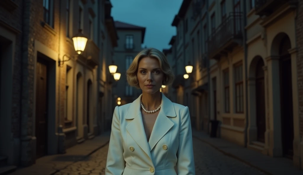 40 year old woman, hair tied up, wearing white coat, with pearl necklace, standing in old street at midnight, photo taken in 1960, very realistic, sharp texture, high quality 