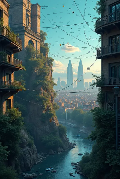 I want an image where it predominates and is full of physics formulas,  quantum physics , math, including the Schroedinger electron equation and in the background , in the distance,  an image of the skyline of the city of Barcelona is glimpsed