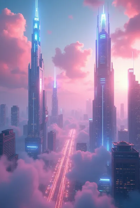 Realistic high quality White and gold with pink and bright blue lights futuristic pretty city skylines skyscapers white glowing ethereal majestic full skyscrapers architecture with a shining sky and iridescent lilac and blue glowing cloud utopia