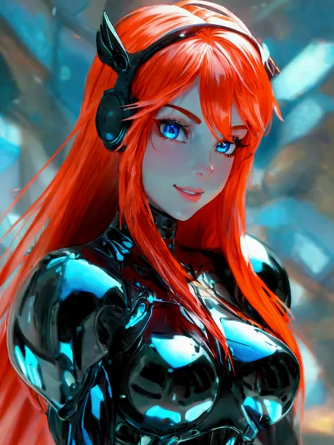 anime woman wearing a skin tight black halo spartan bodysuit, long straight red hair, crystal blue eyes, tan skin, very muscular arms, wide hips, thick thighs, extremely large breasts, tomboy, full body image, head to toe image, UHD 8k, ultra detailed face...